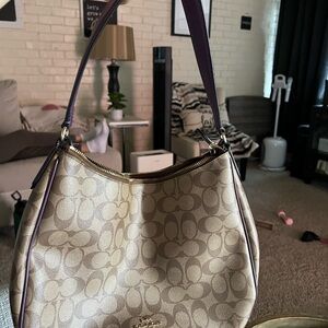 Coach Tan and Purple Shoulder Bag with Monogram Pattern